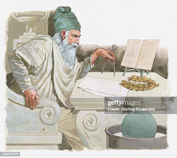illustration of archimedes discovering how to measure volume and working out how things float - archimedes stock-grafiken, -clipart, -cartoons und -symbole