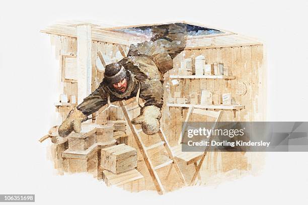 illustration of antarctic explorer richard byrd falling through trapdoor of his inland weather station in the south pole - falling through trap door stock illustrations