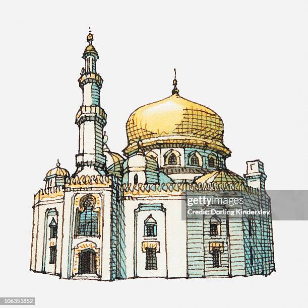 illustration of mosque with gold onion dome and minaret - onion dome 幅插畫檔、美工圖案、卡通及圖標