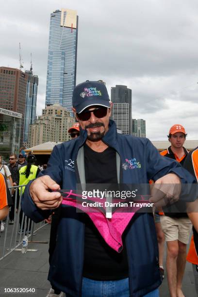Horse owner Marwan Koukash displays the g-string during the 2018 Melbourne Cup Parade on November 05, 2018 in Melbourne, Australia. He has threatened...