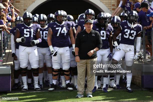 Head coach Gary Patterson of the TCU Horned Frogs at Amon G. Carter Stadium on November 03, 2018 in Fort Worth, Texas.
