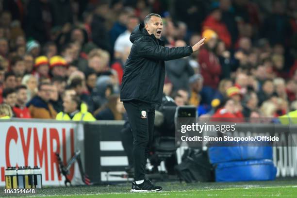 Wales manager Ryan Giggs gestures during the UEFA Nations League B Group Four match between Wales and Denmark at Cardiff City Stadium on November 16,...