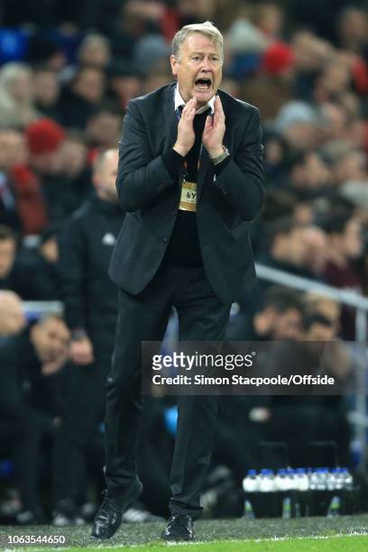Denmark coach Age Hareide shouts during the UEFA Nations League B Group Four match between Wales and Denmark at Cardiff City Stadium on November 16,...