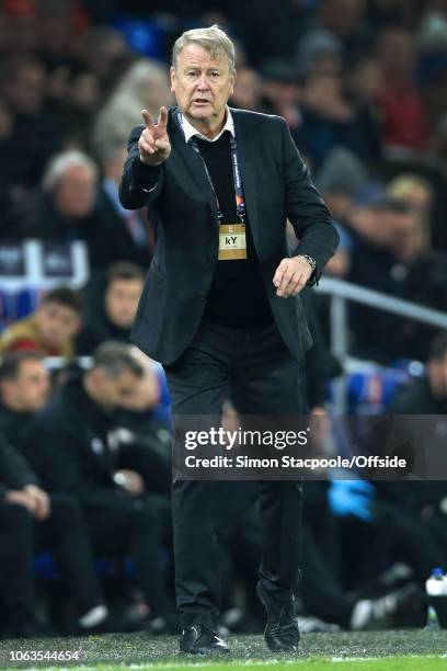 Denmark coach Age Hareide gestures during the UEFA Nations League B Group Four match between Wales and Denmark at Cardiff City Stadium on November...