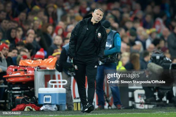 Wales manager Ryan Giggs looks on during the UEFA Nations League B Group Four match between Wales and Denmark at Cardiff City Stadium on November 16,...