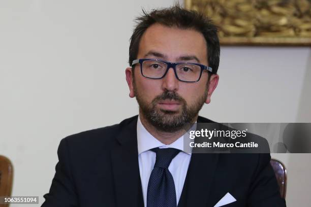 The Italian minister, Alfonso Bonafede, during the press conference for the Land of Fires, at the Prefecture of Caserta.
