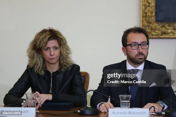The Italian ministers, Barbara Lezzi and Alfonso Bonafede, during the press conference for the Land of Fires, at the Prefecture of Caserta.