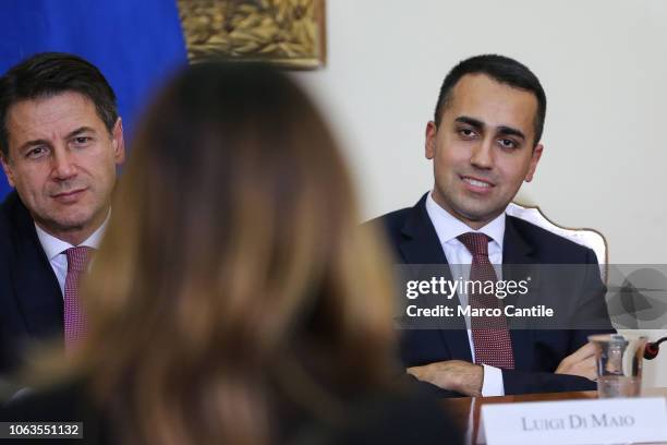 The Italian President of the Council, Giuseppe Conte, with italian minister Luigi Di Maio, during the press conference for the Land of Fires, at the...