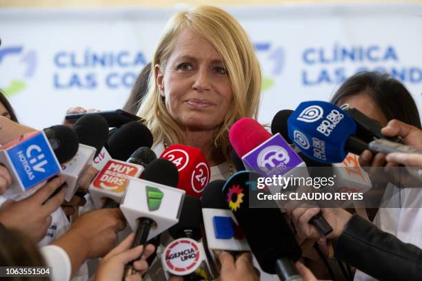 Chilean former Miss Universe and ex-wife of former Argentine president Carlos Menem, Cecilia Bolocco, delivers a press conference at Las Condes...