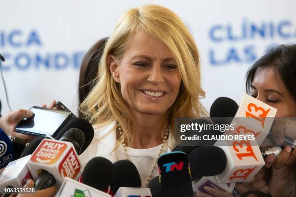 Chilean former Miss Universe and ex-wife of former Argentine president Carlos Menem, Cecilia Bolocco delivers a press conference at Las Condes clinic...