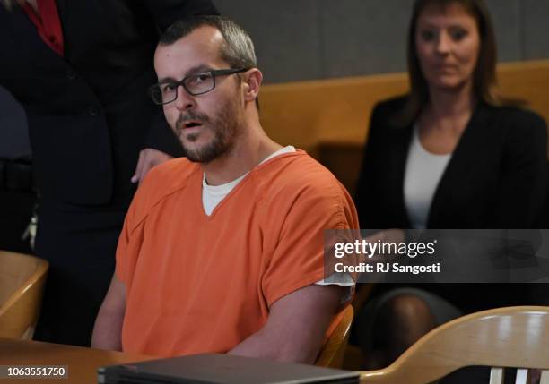 Christopher Watts sits in court for his sentencing hearing at the Weld County Courthouse on November 19, 2018 in Greeley, Colorado. Watts was...