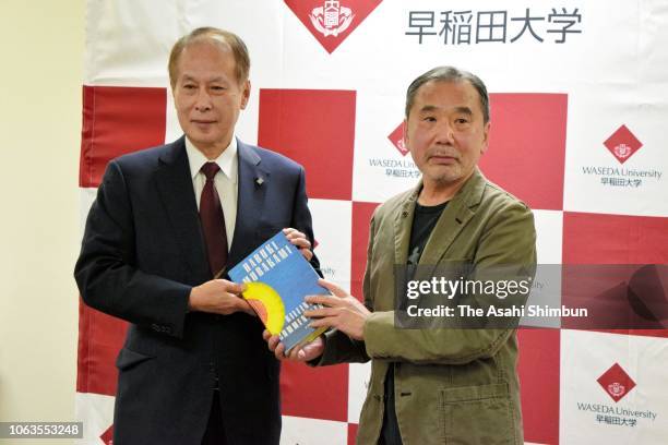 Japanese novelist Haruki Murakami attends a press conference at Waseda University on November 04, 2018 in Tokyo, Japan. Murakami announces to archive...