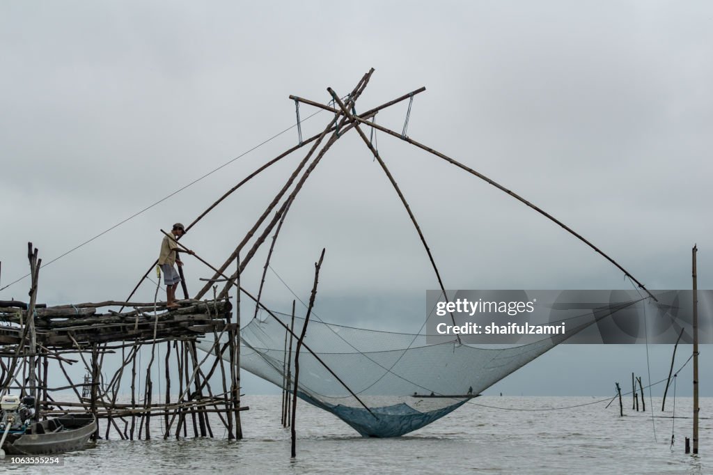 Yokyor is old style for fishing of Thai people at lake Thale Noi, Phatthalung, Thailand.