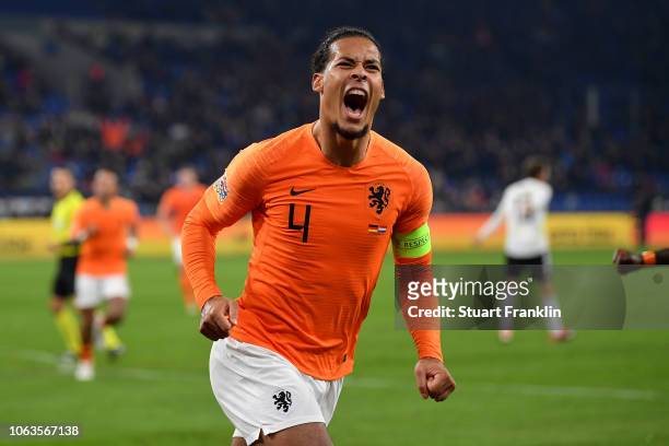 Virgil van Dijk of the Netherlands celebrates after scoring his team's second goal during the UEFA Nations League A group one match between Germany...