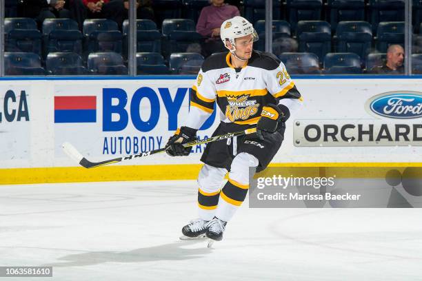 Baron Thompson of the Brandon Wheat Kings warms up against the Kelowna Rockets at Prospera Place on November 3, 2018 in Kelowna, Canada.