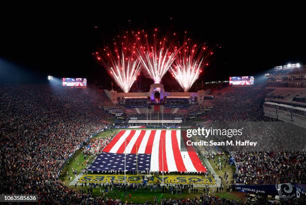 An overhead view of the flag during the pregame festivities before the start of the game between the Kansas City Chiefs and the Los Angeles Rams at...