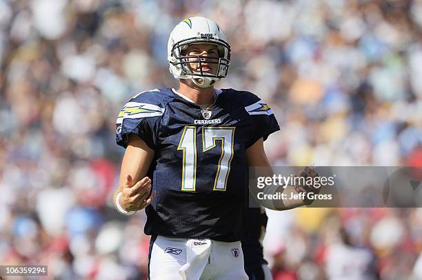 Quarterback Philip Rivers of the San Diego Chargers looks towards the side line against the Arizona Cardinals at Qualcomm Stadium on October 3, 2010...