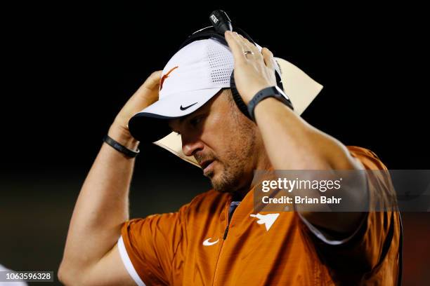 Head coach Tom Herman of the Texas Longhorns walks back to the sideline during a game against the Oklahoma State Cowboys in the second quarter on...