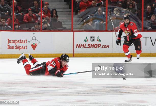 Magnus Paajarvi of the Ottawa Senators dives for a loose puck during an NHL game against the Florida Panthers at Canadian Tire Centre on November 19,...