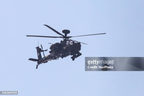 Boeing AH-64 Apache from the Hellenic Army in the air flying. Hellenic Army helicopters in formation AH-64D Apache Longbow Attack Helicopters...