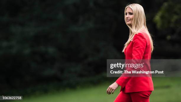 Ivanka Trump follows President Donald J. Trump as she walks from the Oval Office to the Marine One helicopter as they depart from the South Lawn at...