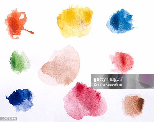 watercolor paints on a white piece of paper ready to use - stained stock pictures, royalty-free photos & images