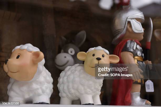 Dolls for sale at a trade stand of the 25th Bethlehem nativity doll Fair in Seville, Spain. Setting up a nativity scene at home is a popular...