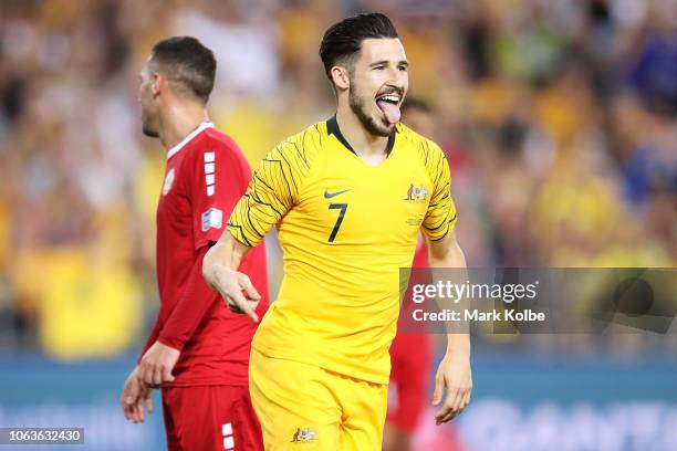 Matthew Leckie of Australia celebrates scoring a goal during the International Friendly Match between the Australian Socceroos and Lebanon at ANZ...
