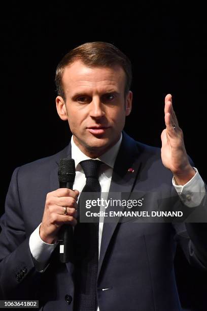 French President Emmanuel Macron gives a speech during his visit at the University of Louvain on November 20 in Louvain-la-Neuve, during a two-day...