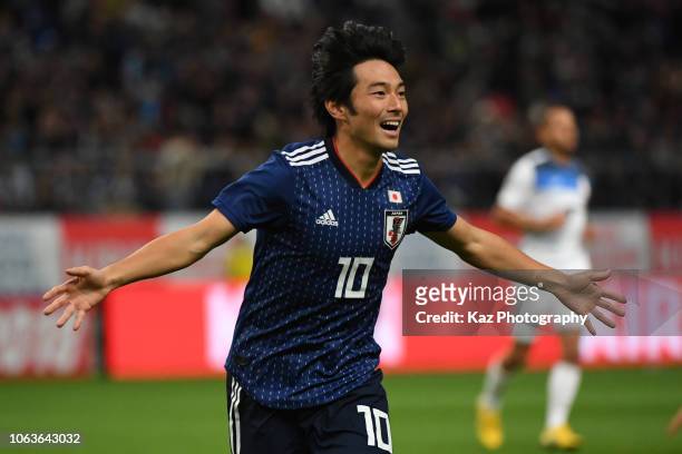 Shoya Nakajima of Japan celebrates after scoring his team's 4th goal during the international friendly match bewteen Japan and Kyrgyz at Toyota...