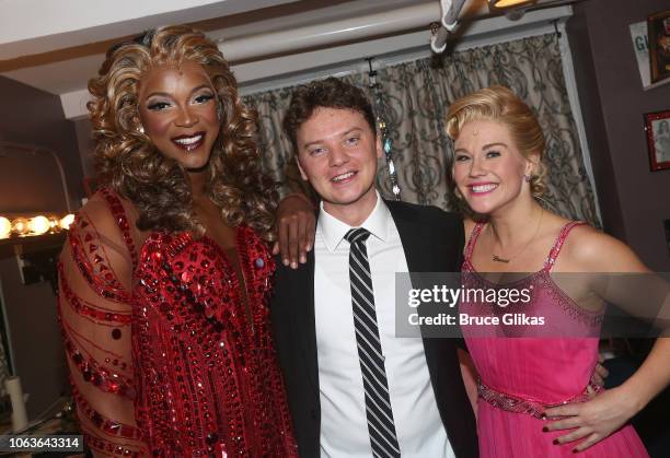 Harrison Ghee as "Lola", Conor Maynard as "Charlie Price" and Carrie St Louis as "Lauren" pose backstage as Conor Maynard makes his Broadway Debut in...