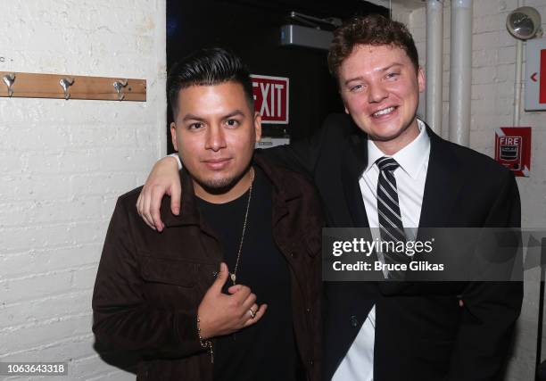 Conor Maynard and guest pose backstage as he makes his Broadway Debut in the hit musical "Kinky Boots" on Broadway at The Al Hirshfeld Theater on...