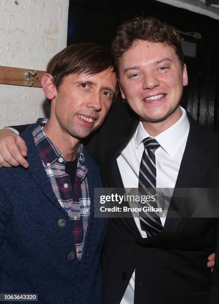 Conor Maynard and guest pose backstage as he makes his Broadway Debut in the hit musical "Kinky Boots" on Broadway at The Al Hirshfeld Theater on...