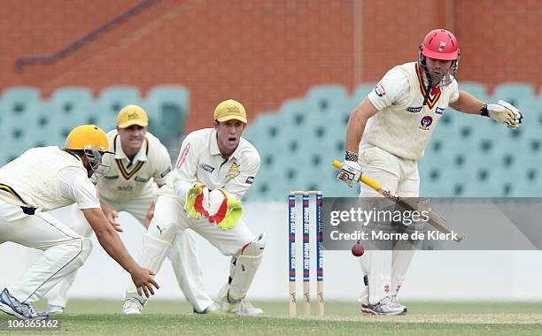 Aiden Blizzard of the Redbacks plays a dangerous shot during day two of the Sheffield Shield match between the South Australian Redbacks and the...