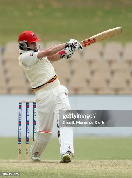 Callum Ferguson of the Redbacks bats during day two of the Sheffield Shield match between the South Australian Redbacks and the Western Australia...