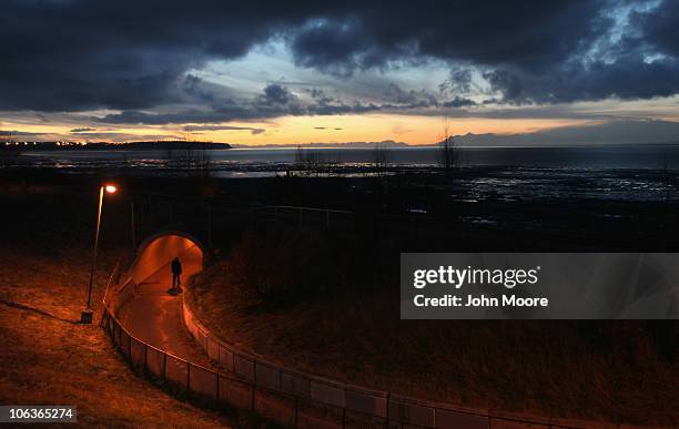 Pedestrian walks near the scenic coastline on October 29, 2010 in Anchorage, Alaska. Alaskans go to the polls next week with three strong candiates...