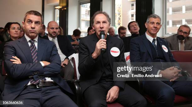 Alessandro Costacurta, Franco Baresi and Francesco Toldo attend the Lega Serie A 'Un Rosso Alla Violenza' press conference on November 20, 2018 in...