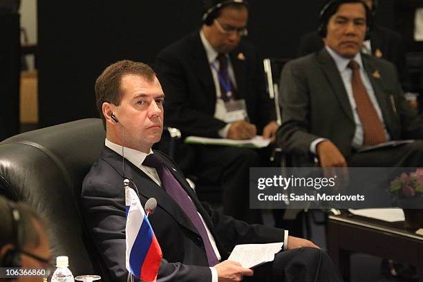 Russian President Dmitry Medvedev listens to speeches during the ASEAN-Russia Summit in Hanoi October 30, 2010. The summit is taking place on the...