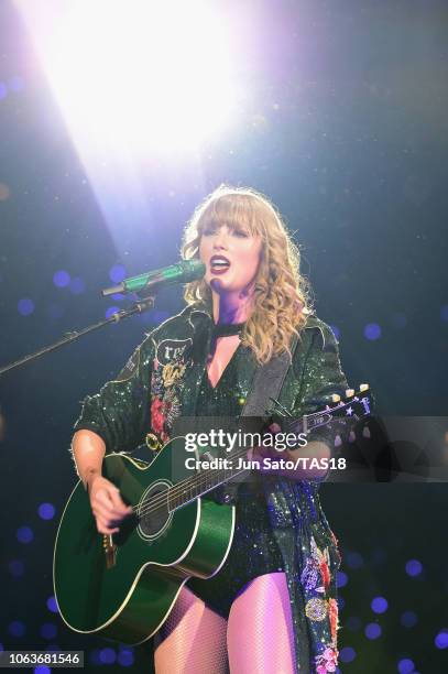 Taylor Swift performs at Taylor Swift reputation Stadium Tour in Japan presented by Fujifilm instax at Tokyo Dome on November 20, 2018 in Tokyo,...