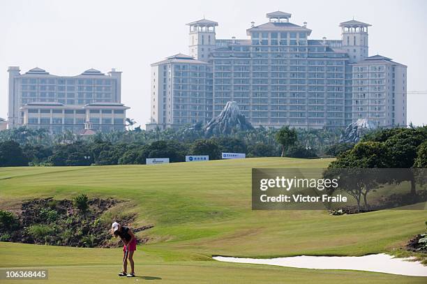 Spanish golfer Belen Mozo putts on the 10th green during day four of the Mission Hills Start Trophy tournament at Mission Hills Resort on October 30,...