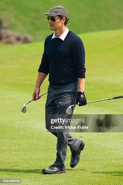 Matthew McConaughey of USA walks on the 5th green during day four of the Mission Hills Start Trophy tournament at Mission Hills Resort on October 30,...