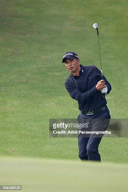 Hong Kong actor Simon Yam in action during day four of the Mission Hills Start Trophy tournament at Mission Hills Resort on October 30, 2010 in...