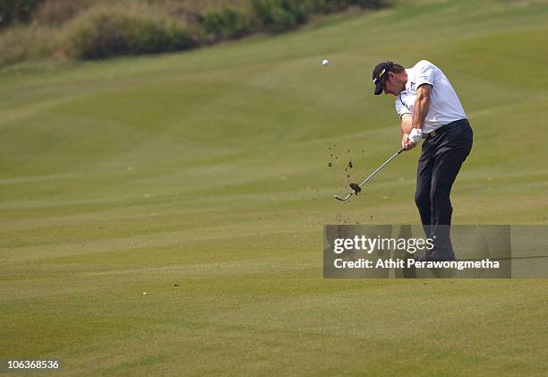 Golfer Sir Nick Faldo of Great Britain in action during day four of the Mission Hills Start Trophy tournament at Mission Hills Resort on October 30,...