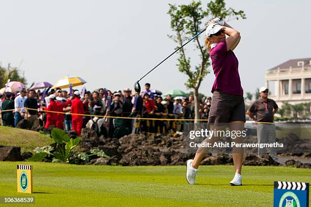 Golfer Annika Sorenstam of Sweden in actions during day four of the Mission Hills Start Trophy tournament at Mission Hills Resort on October 30, 2010...