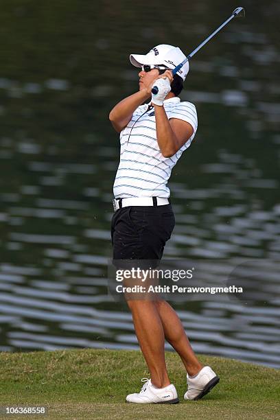 Golfer Yani Tseng of Korea in action during day four of the Mission Hills Start Trophy tournament at Mission Hills Resort on October 30, 2010 in...