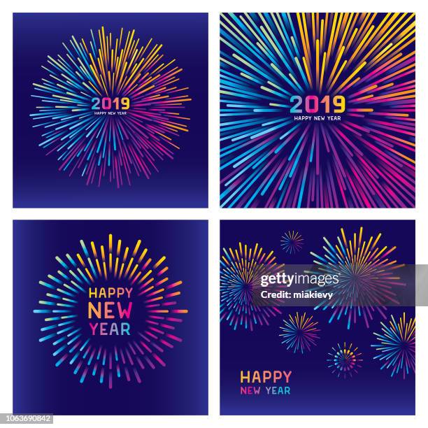 ilustrações, clipart, desenhos animados e ícones de conjunto de fogos de artifício coloridos de ano novo - descrição de cor