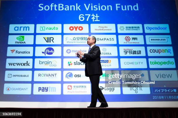 SoftBank Group Corp. Chairman and Chief Executive Officer Masayoshi Son speaks during a press conference on November 5, 2018 in Tokyo, Japan. Son...