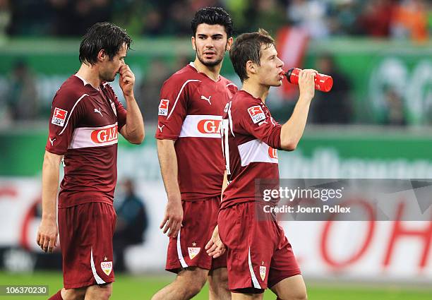 Serdar Tasci and Christian Traesch and Stefano Celozzi of Stuttgart are seen after the Bundesliga match between VfL Wolfsburg and VfB Stuttgart at...