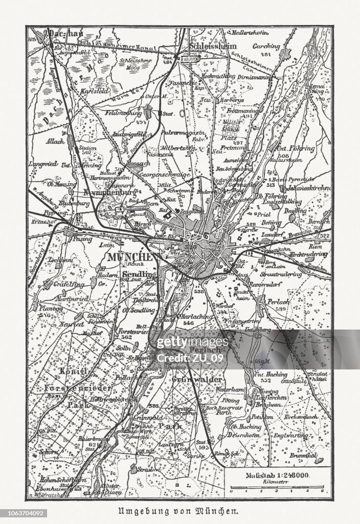Historical map of Munich, Germany and surroundings, woodcut, published 1897