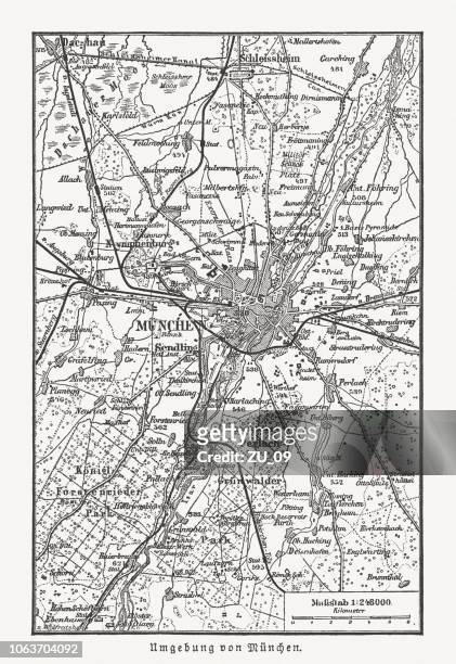 historical map of munich, germany and surroundings, woodcut, published 1897 - munich 2018 stock illustrations